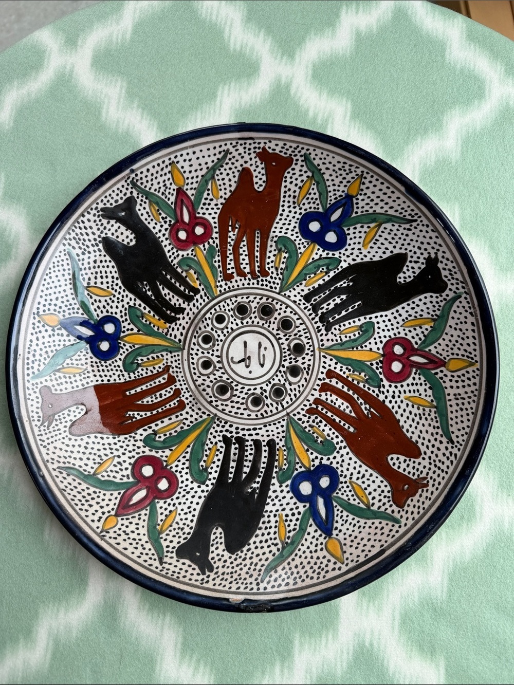 11.5” Vintage Hand-Painted Ceramic Arabic Decor Plate-Black Brown Blue Green red - Picture 1 of 9